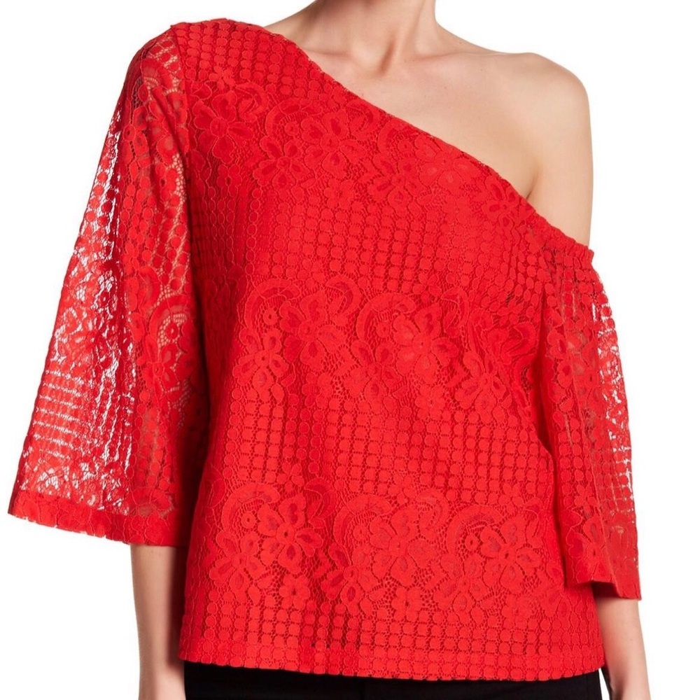 Laundry by Shelli Segal Assymetrical Red Lace Top